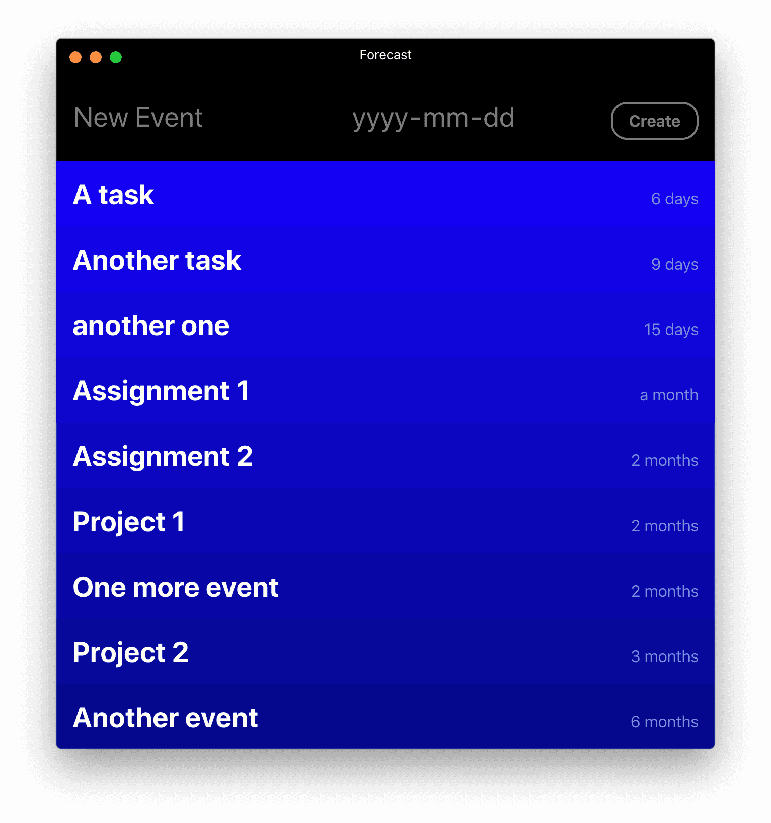 The Forecast UI, where each list item is a darker shade of blue than the previous.